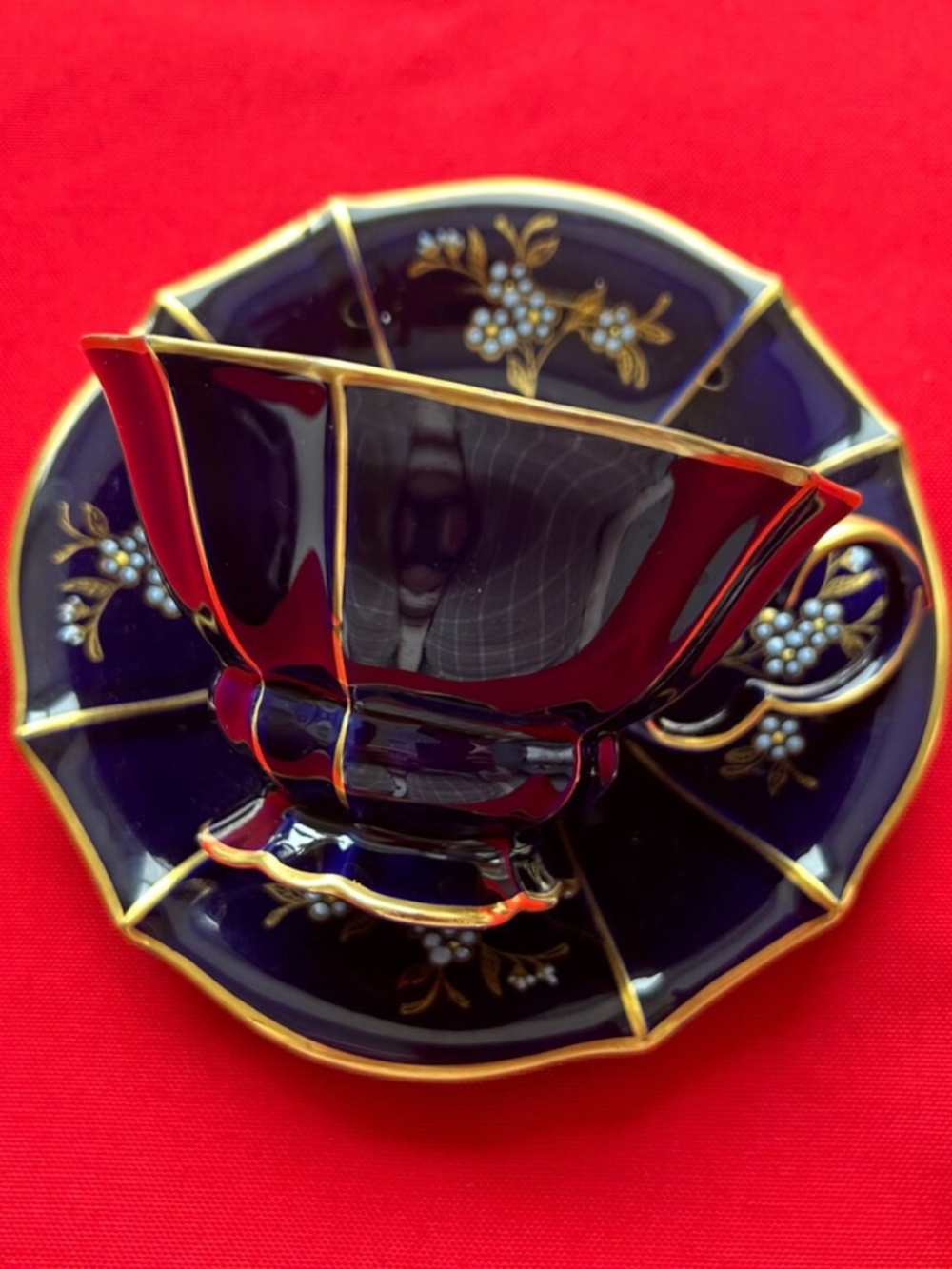 Lindner Porcelain Cobalt and Gold Tea Cup and Saucer Set